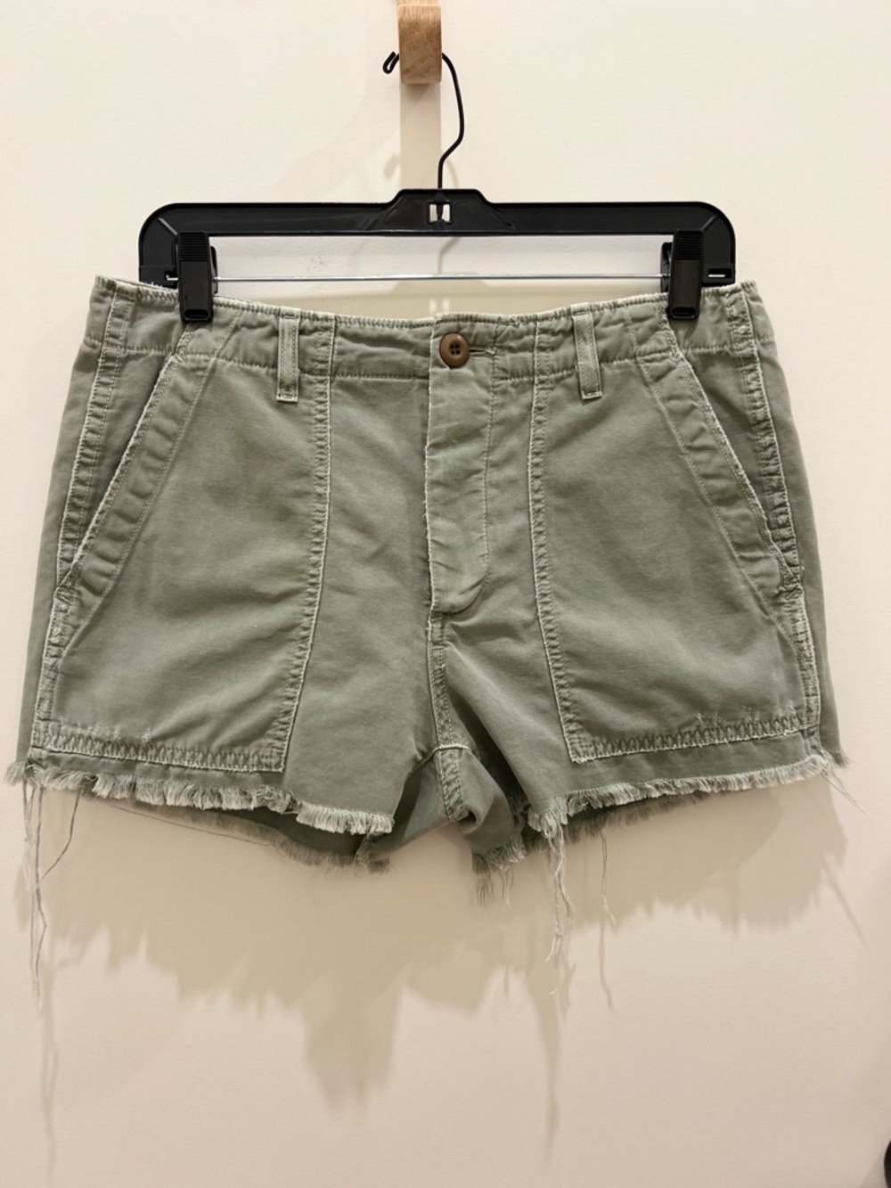 AMO Sage Green Frayed Hem Utility Jean Shorts